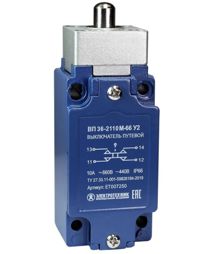 Выключатель путевой ВП 36-2110М-66 У2 толкатель 1з+1р безинерционный 30х60мм без сальника 3А IP66 Электротехник ET007250