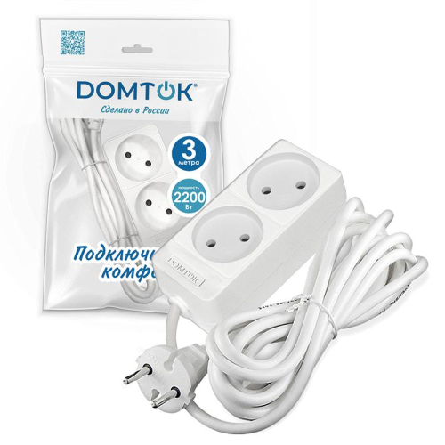 Удлинитель 2х3м без заземл. 10А IP20 2.2кВт ПВС 2х1 бел. DOMTOK 2346