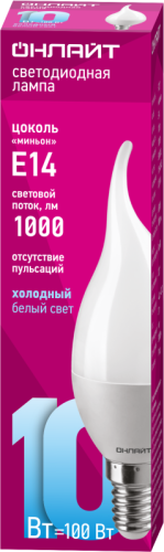 Лампа светодиодная 61 964 OLL-FC37-10-230-6.5K-E14-FR 10Вт свеча на ветру 6500К холод. бел. E14 1000лм 176-264В ОНЛАЙТ 61964