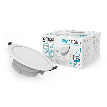 Светильник светодиодный Basic Downlight 5Вт 4000К IP54 400лм 210-240В 90х44 круг бел. GAUSS 9033420205