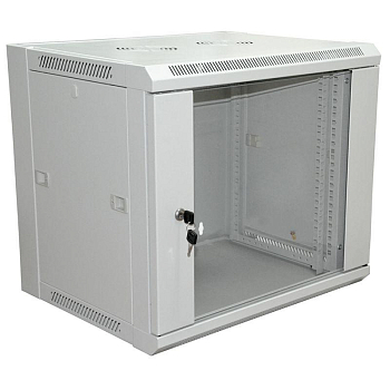 Шкаф настенный 19дюйм 9U 600х450х500мм (ШхГхВ) передняя дверь стекло боковые стенки съемные (разобранный) RAL7035 Rexant 04-2201