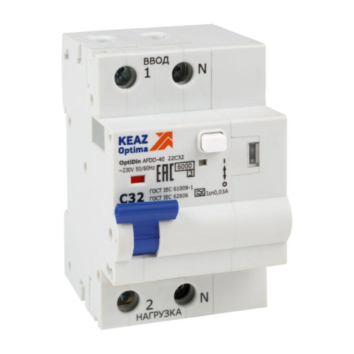 Устройство защиты от дугового пробоя с АВДТ и защ. от пов. напряж. OptiDin AFDD-40-22C32-A-У3 (2P C32 30mA Uоткл 275В) КЭАЗ 339090