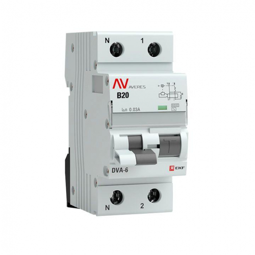 Выключатель автоматический дифференциального тока 2п B 20А 30мА тип AC 6кА DVA-6 Averes EKF rcbo6-1pn-20B-30-ac-av