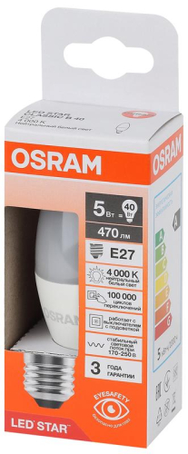 Лампа светодиодная LED Star 5Вт 4000К нейтр. бел. E27 470лм B угол пучка 200град. 170-250В (замена 40Вт) матов. пластик OSRAM 4058075696891