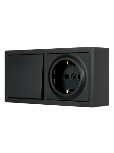 Блок ОП LETO (1-кл. выключатель проходной + 1-м розетка с заземл.) горизонт. черн. бархат LEZARD 752-4200-170BVP