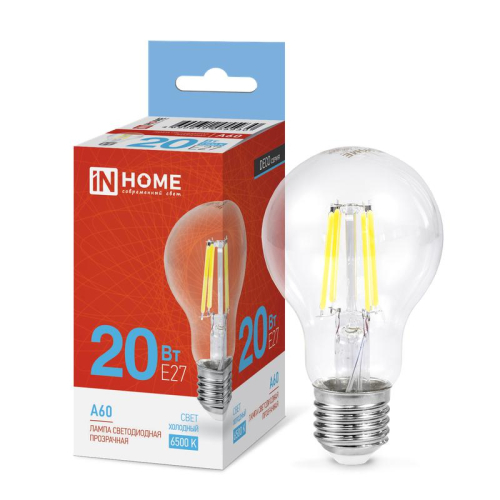 Лампа светодиодная филаментная LED-A60-deco грушевидная прозрачная 20Вт 230В E27 6500К 1890лм IN HOME 4690612055930