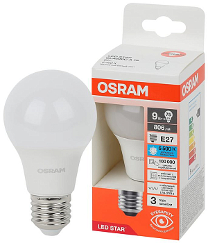 Лампа светодиодная LED Star 9Вт 6500К холод. бел. E27 806лм A угол пучка 180град. 170-250В (замена 75Вт) матов. пластик OSRAM 4058075695801