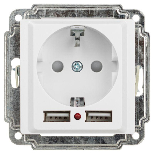 Розетка Intro Accent 6-410-01 P+E Schuko со шторками 16А-250В + 2хUSB IP20 СУ бел. Intro Б0063689