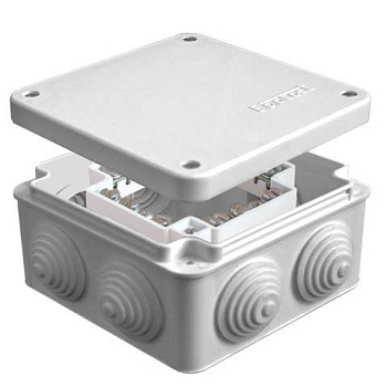 Коробка распределительная ОП 105х105х56мм IP54 с клемм. 7 выходов 4 гермоввода 16А 24 контакта крышка на винтах сер. Epplast 110058