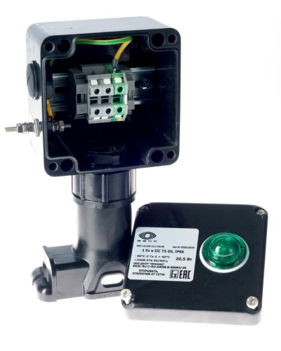 Коробка клеммная взрывозащ. с индикацией питания КВП на пластик. опоре для подключ. или концев. заделки нагреват. секции 1 отверст. под М25 клеммн. колодка 3мод. 10кв.мм Extherm sborka 1P/1L