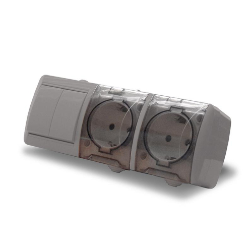 Блок ОП Клио 2-кл. выкл. 10А + розетка 2-м 16А 250В с заземл. с прозр. крышкой сер. Universal К2240-Gr