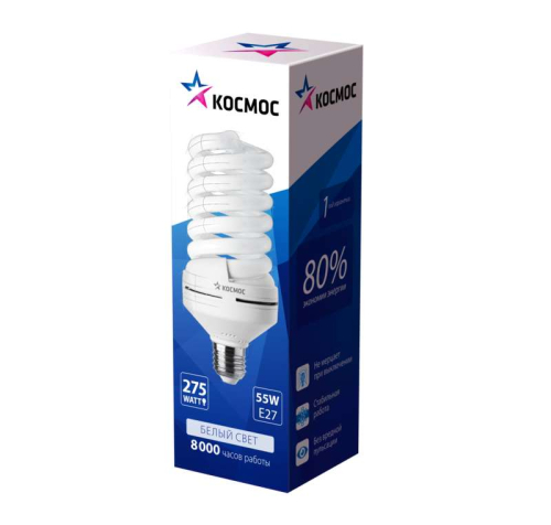 Лампа люминесцентная компакт. SPC 55Вт E27 спиральная 4000К T4 КОСМОС LKsmT4SPC55wE2742
