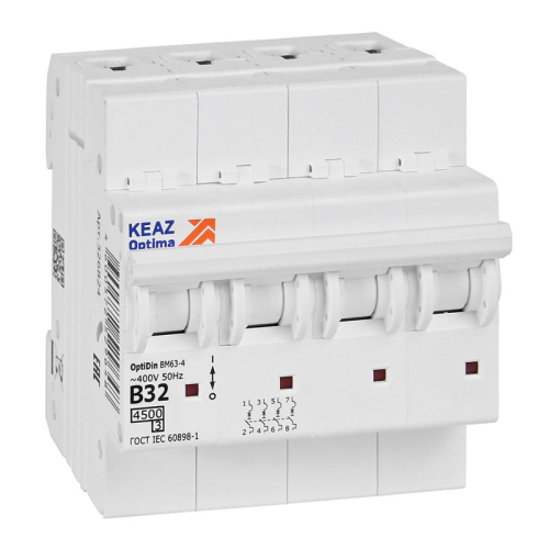 Выключатель автоматический модульный 4п B 32А OptiDin BM63-4B32-4.5-УХЛ3 КЭАЗ 329531