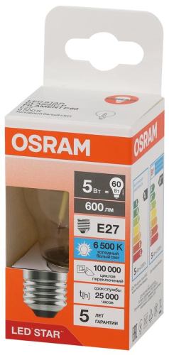 Лампа светодиодная филаментная LSCLP60 5W/865 230VFILCL 5Вт 6500К холод. бел. E27 600лм P угол пучка 300град. 220-240В (замена 60Вт) прозр. стекло OSRAM 4058075688315