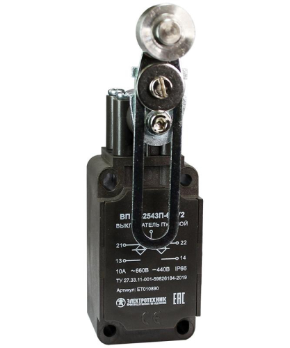 Выключатель путевой ВП 36-2543П-66 У2 рычаг со стальным роликом регулир. по длине 1з+1р инерционный 30х60мм без сальника 3А IP66 Электротехник ET010890