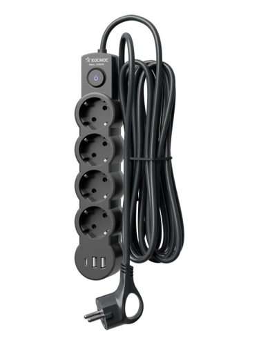 Удлинитель 3х5м с заземл. 10А IP20 USB 2500Вт 220В ПВС 3х1 с выкл. черн. КОСМОС YKsm5m4g-Z-VU10А-B