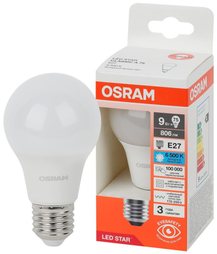Лампа светодиодная LED Star 9Вт 6500К холод. бел. E27 806лм A угол пучка 180град. 170-250В (замена 75Вт) матов. пластик OSRAM 4058075695801