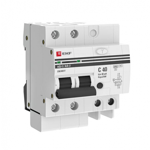 Выключатель автоматический дифференциального тока C 40А  30мА тип AC 6кА АД-2 (электрон.) защита 270В PROxima EKF DA2-6-40-30-pro