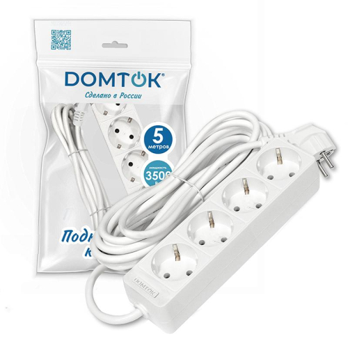 Удлинитель 4х5м с заземл. 16А IP20 3.5кВт ПВС 3х1 бел. DOMTOK 2397
