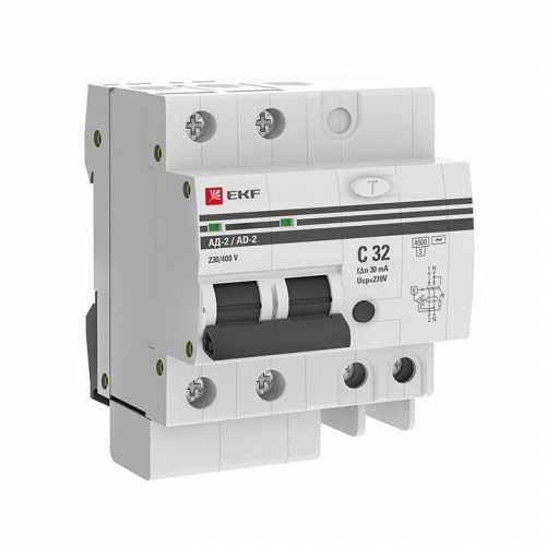 Выключатель автоматический дифференциального тока 2п 4мод. C 32А 30мА тип AC 4.5кА АД-2 PROxima EKF DA2-32-30-pro