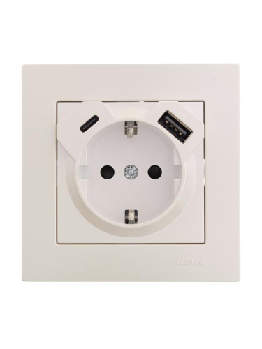 Розетка 1-м СП Vesna с заземл. с заряд. устройством USB + тип C механизм жемчуж./бел. перламутр LEZARD 742-3088-181TC