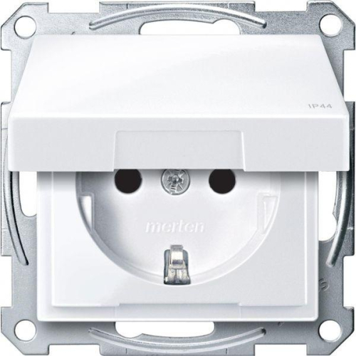 Механизм розетки 1-м СП Merten 16А IP44 с заземл. защ. шторки с крышкой QF SM бел. SchE MTN2314-0325