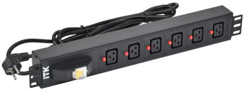 Блок розеток 6 мест PDU C19 с фиксатором вилки с автоматом на 16А 1.5U кабель 3м вилка нем. станд. алюм. профиль черн. ITK PH21-06C19-11