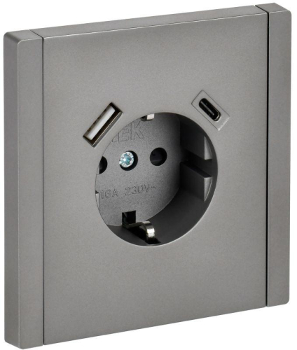 Розетка FORTE&PIANO FP547 16А USB A+C 18Вт с заземл. защ. штроки винт. крепл. сталь IEK FP-R14-16-U22-018-K46