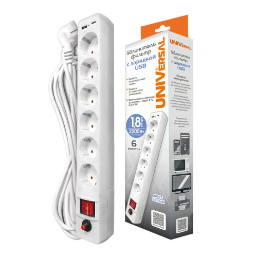 Удлинитель с сетевым фильтром 6х1.8м с заземл. 10А IP20 2.2кВт USB type-A + type-C ПВС 3х0.75 с выкл. бел. UNIVersal 2543