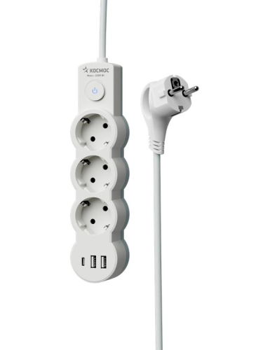 Удлинитель 3х1.5м с заземл. 10А IP20 USB 2800Вт 220В ПВС 3х1 с выкл. бел. КОСМОС YKsm1.5m3g-Z-VU10А-W