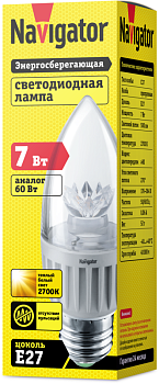 Лампа светодиодная 71 849 NLL-C37-7-230-2.7K-E27-CL 7Вт свеча 2700К тепл. бел. E27 500лм 230В Navigator 71849