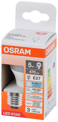 Лампа светодиодная LED Star 5Вт 6500К холод. бел. E27 470лм P угол пучка 180град. 170-250В (замена 40Вт) матов. пластик OSRAM 4058075696327