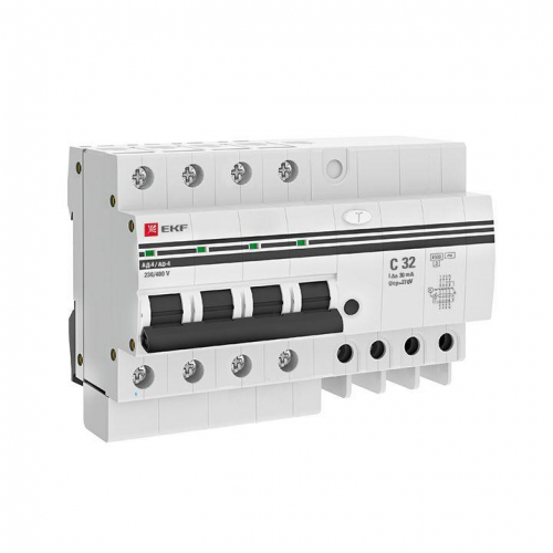 Выключатель автоматический дифференциального тока 4п 7.5мод. C 32А 30мА тип AC 4.5кА АД-4 PROxima EKF DA4-32-30-pro