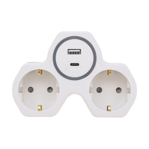 Разветвитель 2-м 16А + USB-A + USB-C с заземл. защ. шторки бел. Rexant 11-1253