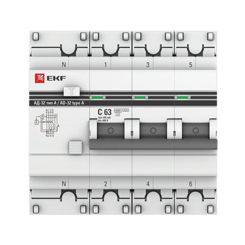 Выключатель автоматический дифференциального тока 4п (3P+N) C 63А 100мА тип A 6кА АД-32 защита 270В электрон. PROxima EKF DA32-6-63-100-4P-a-pro