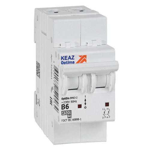 Выключатель автоматический модульный 2п B 6А 4.5кА OptiDin BM63-2B6-4.5-УХЛ3 КЭАЗ 329508