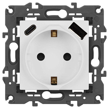 Розетка ЭРА Elegance 14-4108-01М 2P+E 16A-250В со шторками с USB type-A+C 5В-3А матов. бел. Эра Б0067710