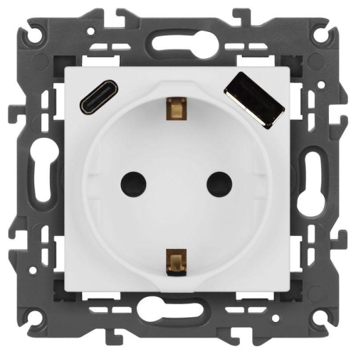 Розетка ЭРА Elegance 14-4108-01М 2P+E 16A-250В со шторками с USB type-A+C 5В-3А матов. бел. Эра Б0067710