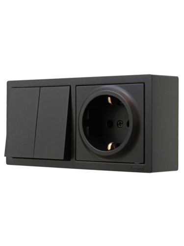 Блок ОП LETO (2-кл. выключатель + 1-м розетка с заземл.) горизонт. черн. бархат LEZARD 752-4200-170BKP