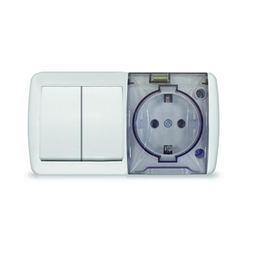 Блок ОП Клио 2-кл. выкл. 10А + розетка 1-м 16А 250В с заземл. с прозр. крышкой бел. Universal К2239