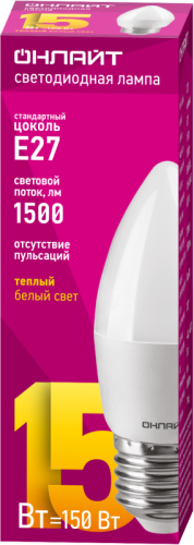Лампа светодиодная 90 455 OLL-C37-15-230-2.7K-E27-FR 15Вт свеча 2700К тепл. бел. E27 1500лм 176-264В ОНЛАЙТ 90455