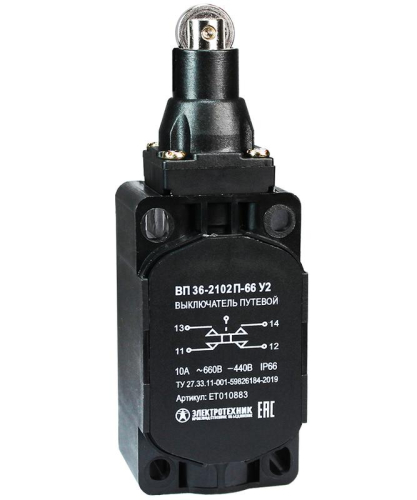Выключатель путевой ВП 36-2102П-66 У2 1НО+1НЗ 3А IP66 толкатель с роликом безинерцион. 30х60мм без сальника Электротехник ET010883