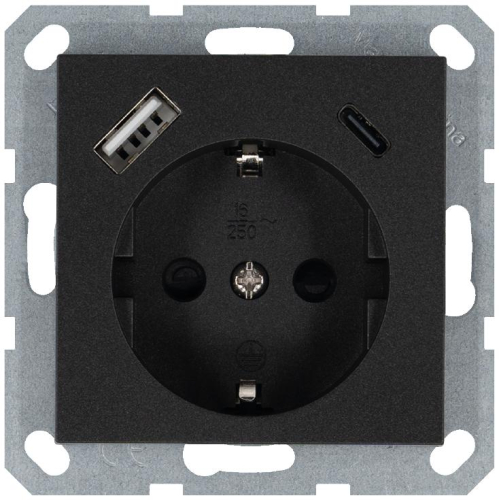 Розетка Shuko 16А с заземл. защ. шторки с 2-мя заряд. устройствами USB тип A+C 25Вт механизм антрацит Jasmart G5501USB-25B