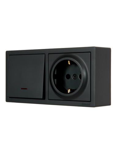 Блок ОП LETO (1-кл. выключатель с индикацией + 1-м розетка с заземл.) горизонт. черн. бархат LEZARD 752-4200-170BIP