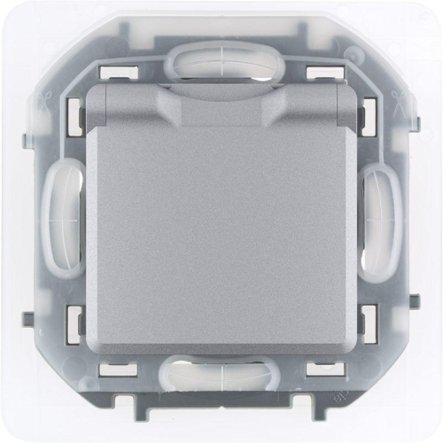 Розетка 1-м СП Inspiria 16А IP44 250В 2P+E защ. шторки с крышкой немецк. стандарт алюм. Leg 673742