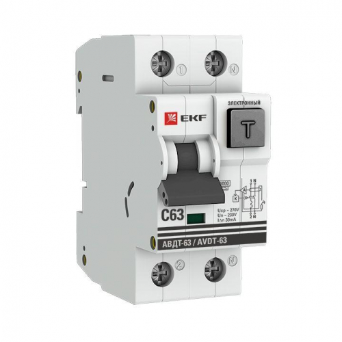 Выключатель автоматический дифференциального тока С 63А 30мА тип А 6кА АВДТ-63 (электрон.) PROxima EKF DA63-63-30e