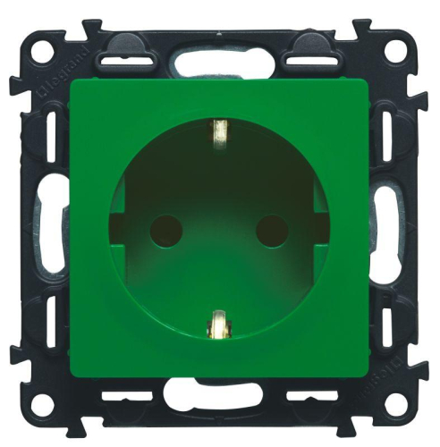 Розетка 1-м СП Valena Life 16А IP20 250В 2P+E защ. шторки безвинтов. клеммы с лицев. панелью механизм зел. Leg 753329
