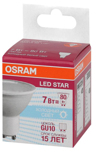 Лампа светодиодная LED Star PAR16 80100 7W/840 230V GU10 7Вт матовая 4000К нейтр. бел. GU10 700лм 220-240В пластик. (замена 80Вт) OSRAM 4058075481527