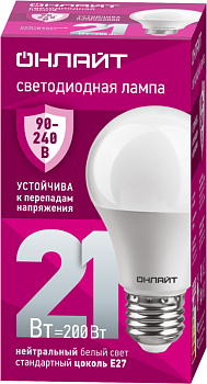 Лампа светодиодная 90 405 OLL-A60-21-230-4K-E27 21Вт грушевидная 4000К E27 90-240В PRO ОНЛАЙТ 90405