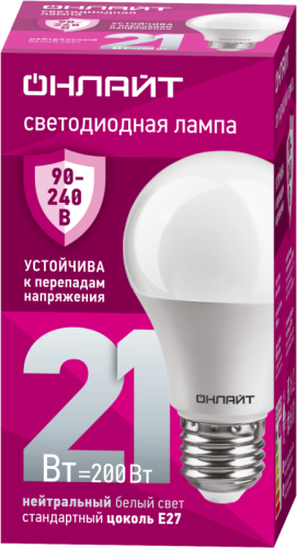 Лампа светодиодная 90 405 OLL-A60-21-230-4K-E27 21Вт грушевидная 4000К E27 90-240В PRO ОНЛАЙТ 90405